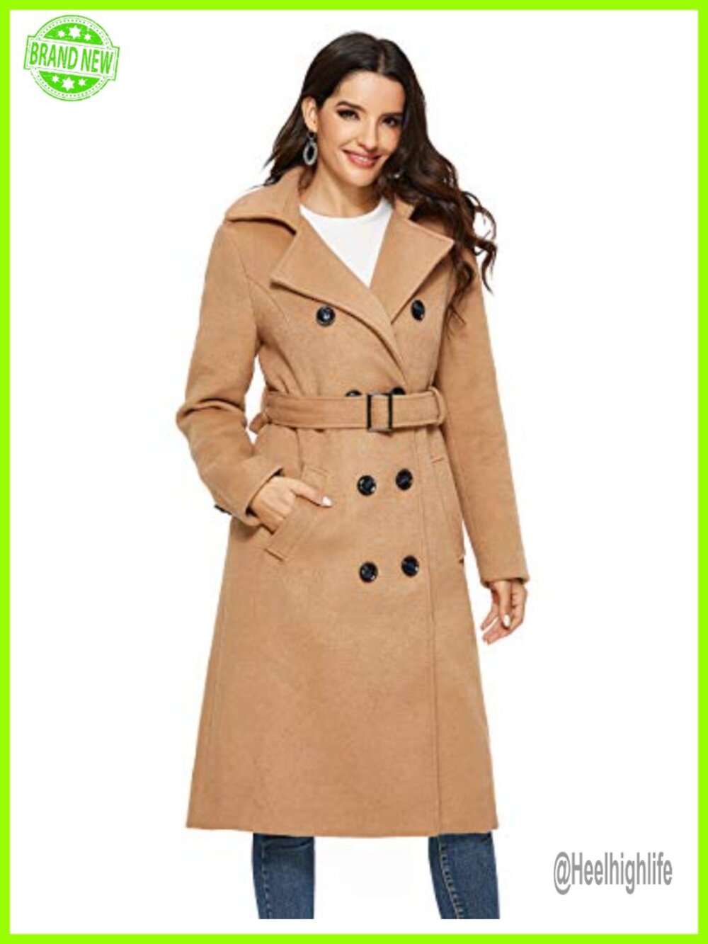 Wool Blend Double Breasted Pea Coat Long Trench with Belt